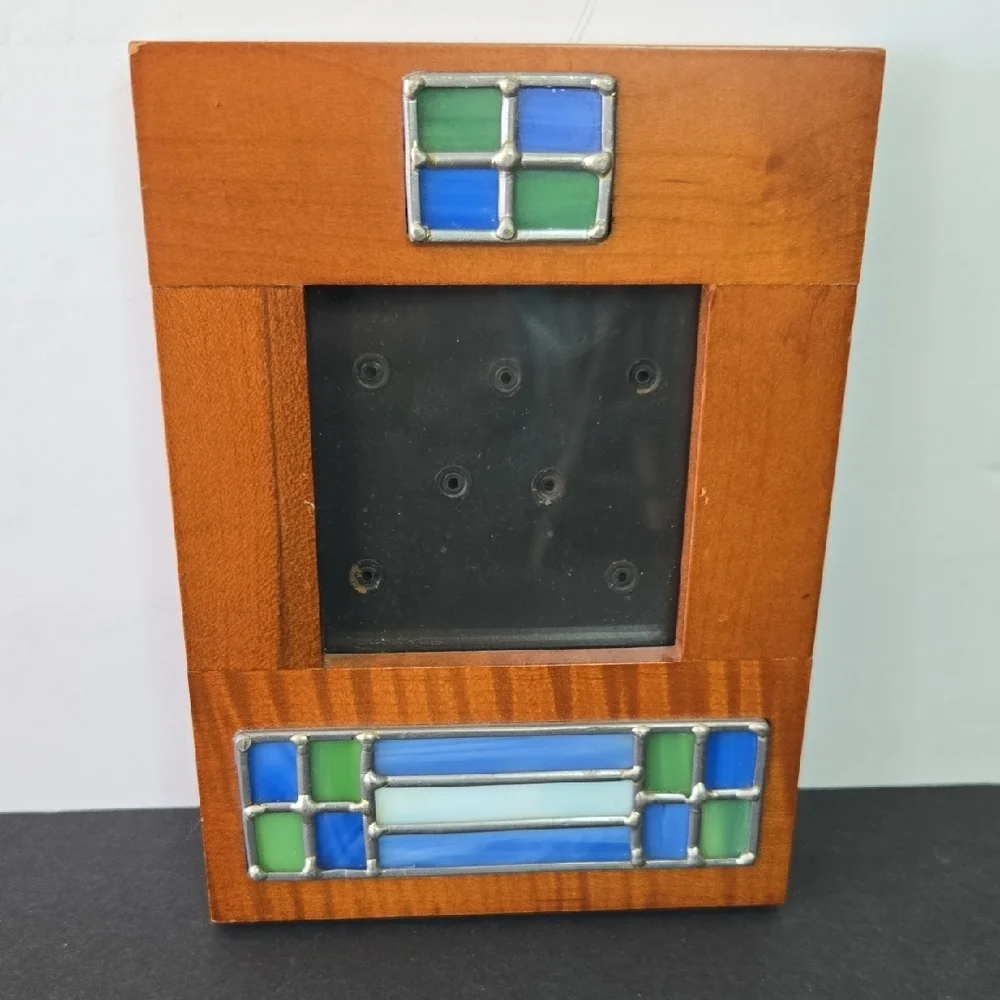 Wooden Photo Frame with Blue and Green Stained Glass Inset Accents